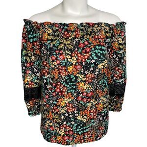 New York & Co‎ Black Floral Off the Shoulder 3/4 Sleeve Top Sz XS